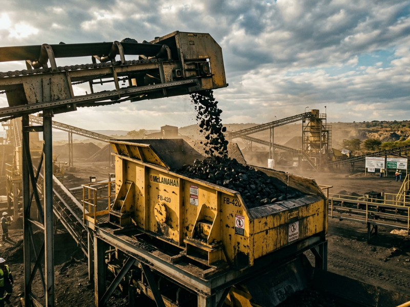 Feeder breaker receiving Run-of-Mine coal at a NKOTINI Kula MINERIA contracted plant