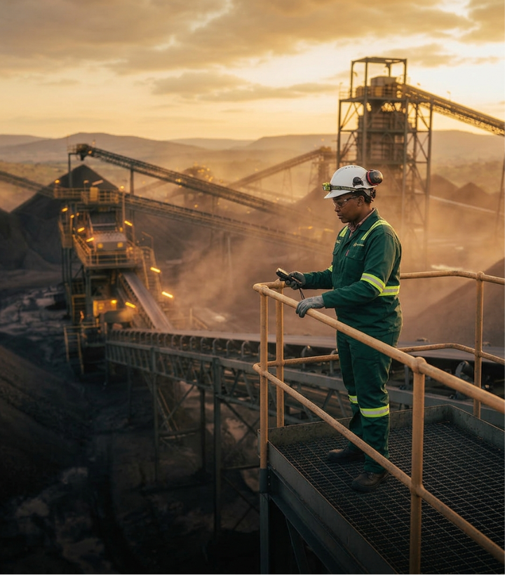Two South African mining professionals in green PPE and white hard hats reviewing operations on a tablet at a contracted coal mine