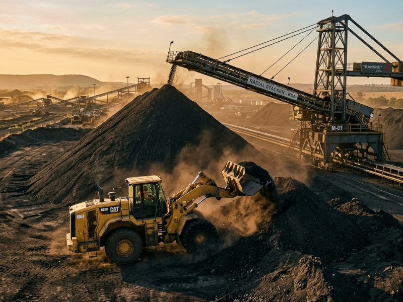 Front-end loader and stacker managing coal stockpiles for dispatch