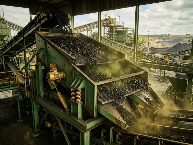 Multi-deck vibrating screen classifying coal into size fractions