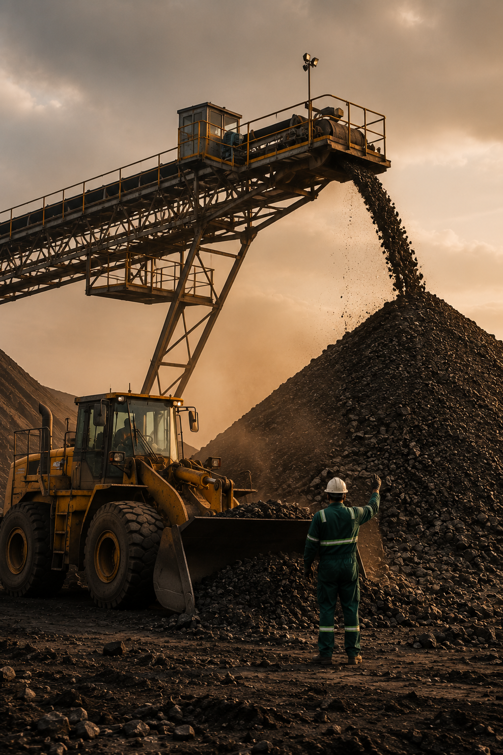 Radial stacker discharging coal onto a stockpile with a front-end loader reclaiming material at a South African coal operation