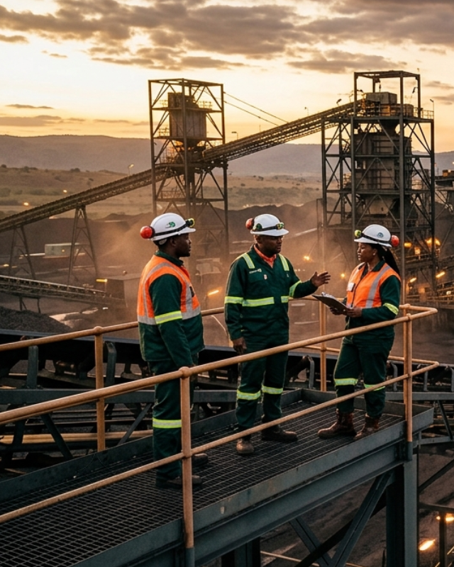 Three South African mining professionals in green PPE and white hard hats reviewing plans at a NKOTINI Kula MINERIA coal processing plant