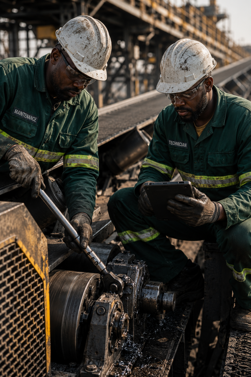 South African maintenance technicians servicing a conveyor drive assembly at a coal processing plant