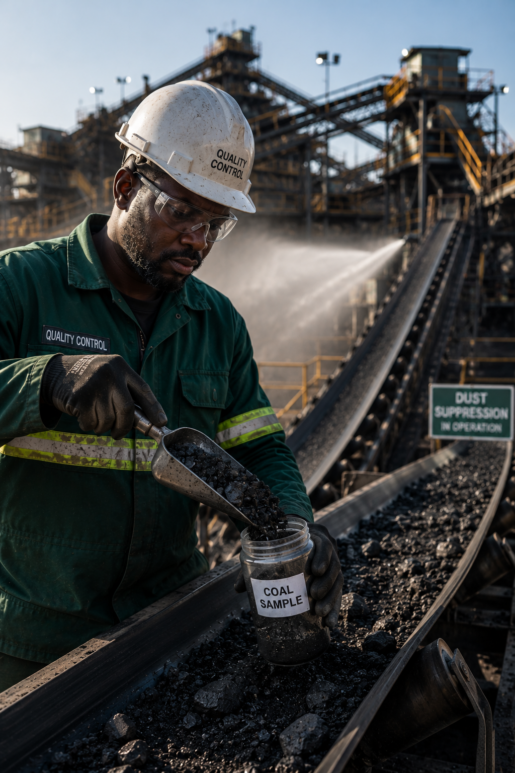 Quality control officer sampling coal from a conveyor belt at a South African coal processing plant