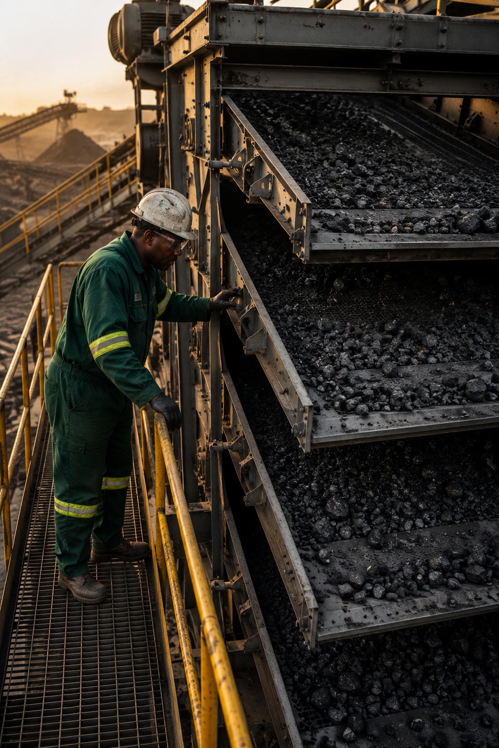 Multi-deck vibrating screen separating coal into distinct size fractions at a South African coal plant