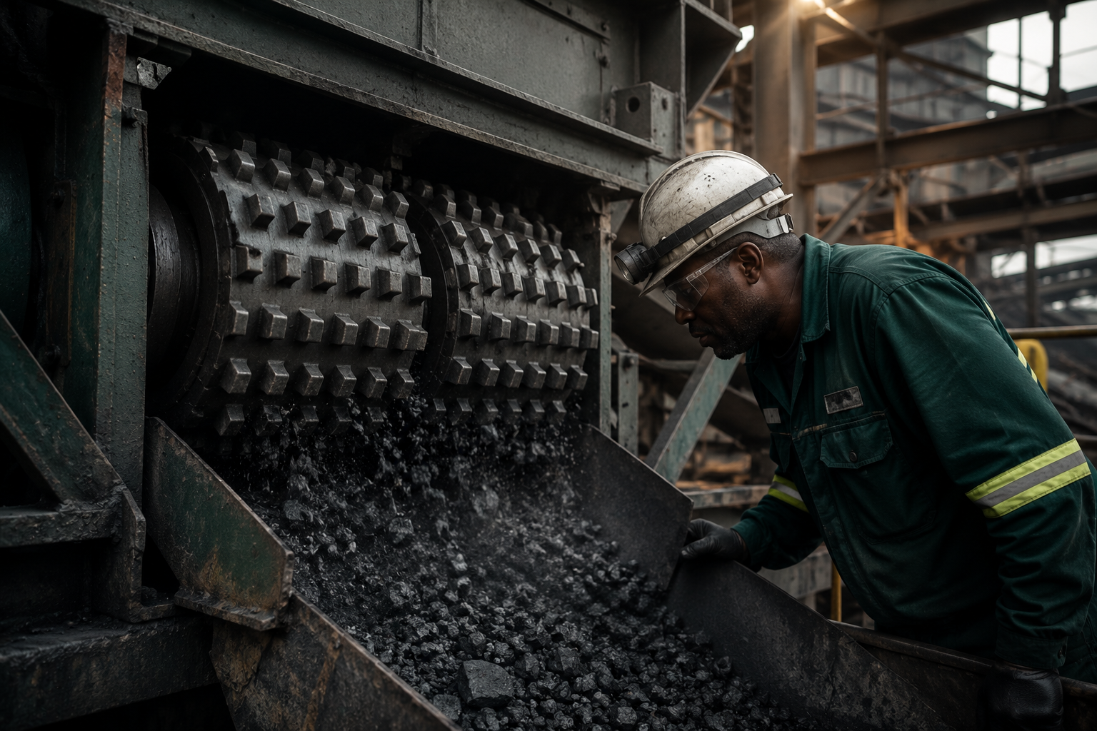 Twin-roll coal sizer reducing coal to consistent intermediate sizes at a South African coal plant