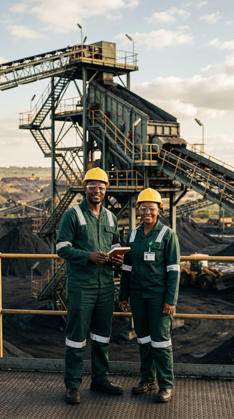 African mining professionals in PPE at the NKOTINI Kula MINERIA coal processing plant, Blyvoor Coal Mine